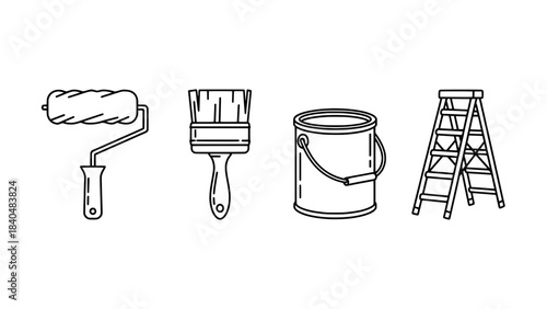 A line art illustration featuring common painting tools including a paint roller, paintbrush, paint can, and a step ladder.