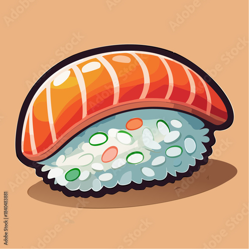 Illustration of a piece of salmon nigiri sushi with rice.