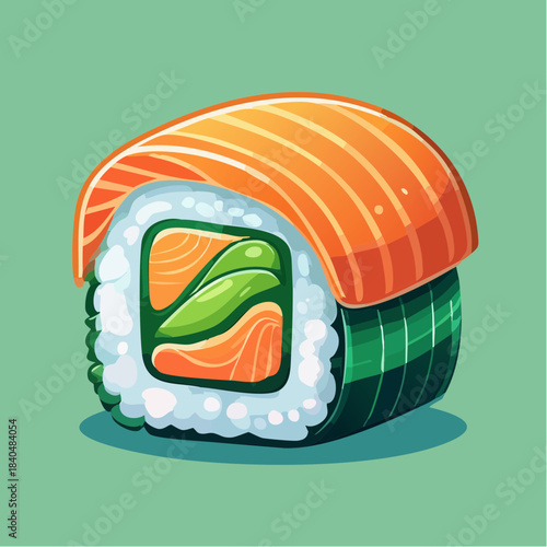 A cartoon illustration of a sushi roll with salmon on top, avocado, and rice.