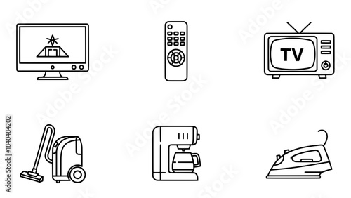 Line art icons of common household appliances: TV, remote, monitor, vacuum, coffee maker, and iron