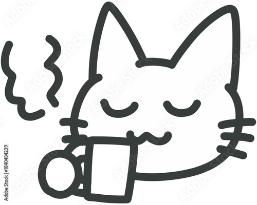 コーヒーを飲んで一息つく猫のかわいい線画アイコンイラスト