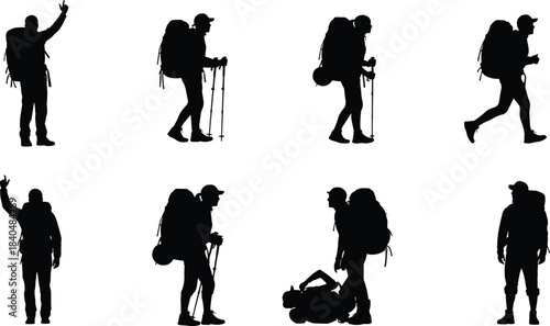 Collection of Hiker and Backpacker Silhouettes Vector Illustration, 