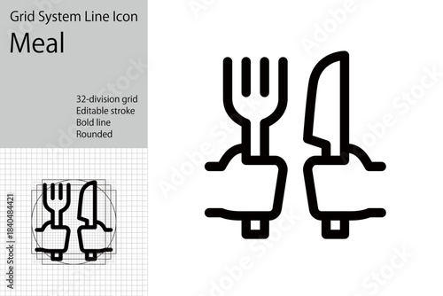A hand holding a fork and knife. A logo-style icon representing menus, restaurants, and cuisine.