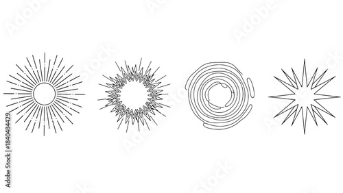 Four distinct sunburst and radial vector icons in line art style (circle-center sun, jagged starburst, concentric rings, multi-point star)