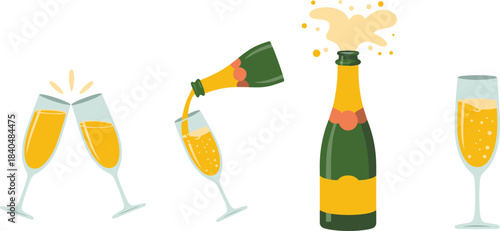 Champagne celebration scenes with clinking glasses, pouring bottle, bubbly spray, festive toast and drink vector illustration set