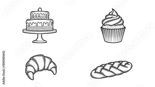 Sketch collection of bakery pastries and cake: cake on a stand, cupcake, croissant, and braided loaf