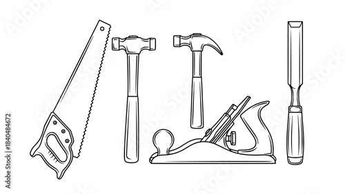 Line drawing of carpentry tools: handsaw, hammers, wood plane, and chisel