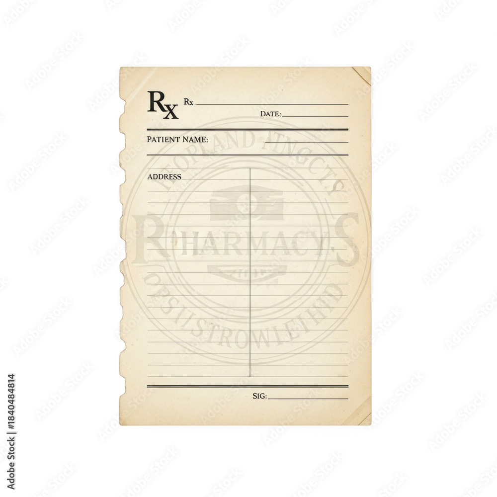 Obraz premium Vintage prescription form with Rx symbol and pharmacy watermark medical healthcare