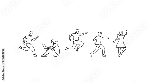 Minimalist line drawing of five people in motion: running, jumping, dancing, and a person with a laptop
