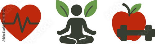 Wellness and Healthy Lifestyle Icons – Heart, Meditation, Nutrition