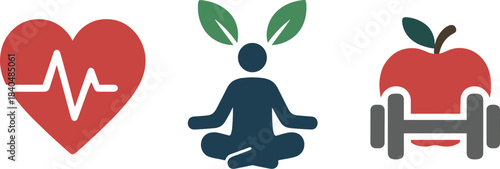 Health, Wellness and Fitness Icons – Heart, Meditation, Nutrition