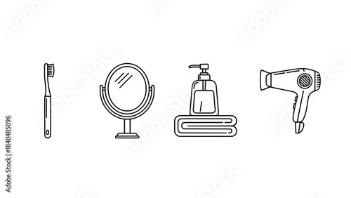 Vector illustration of bathroom essentials: toothbrush, round mirror, soap dispenser on a towel, and a hair dryer