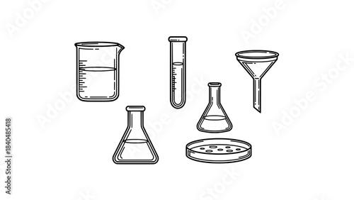 Line art illustration of laboratory glassware: beaker, test tubes, Erlenmeyer flasks, funnel, and a petri dish