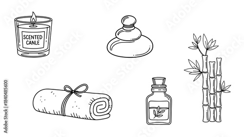 Spa and wellness illustration set with scented candle, essential oil bottle, diffuser, rolled towel, and bamboo