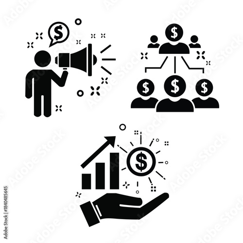 Black and white business marketing, finance, and investment icons set, including public announcement, teamwork, and profit growth graphic.
