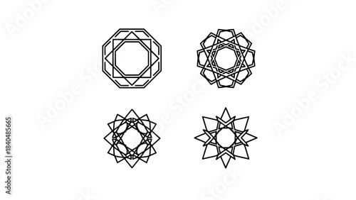 Four abstract geometric star polygons with interlocking lines forming mandala-like patterns