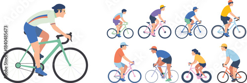 Cyclists in colorful outfits and riding styles, diverse bicycle types and postures, urban commuting vector illustration set
