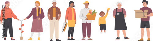 Diverse community people in casual outfits with plants, groceries, books, boxes, and gestures vector illustration set
