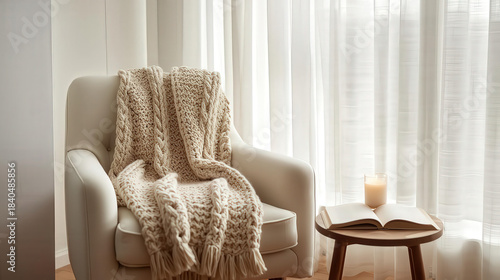 Luxury hotel room interior design featuring a comfortable sofa, window with light curtains, armchair, and stylish lamp on a table