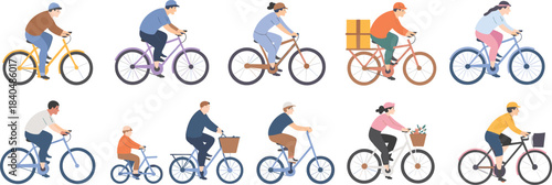 Diverse cyclists riding colorful bicycles with baskets, packages, flowers, child and adult riders vector transportation illustration set