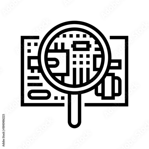 circuit under magnifying glass line icon vector illustration