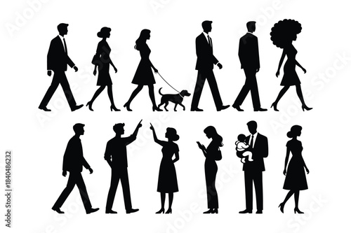 People Walking Talking Standing with Family and Dog, Business Men and Women, Urban Pedestrians, Communication and Daily Lifestyle Activities Silhouette Vector Illustration Set