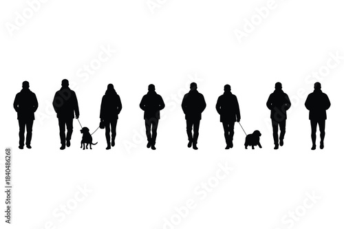 Walking People and Dog Silhouette Vector Icon Set with Men, Women, Casual Walk Poses, Pet Walking, Urban Lifestyle Scene and More. Editable Stroke. Vector Illustration on White Background