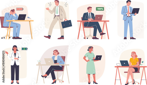 Office professionals with battery icons showing energy levels, emotional states, productivity and tech interaction vector illustration set