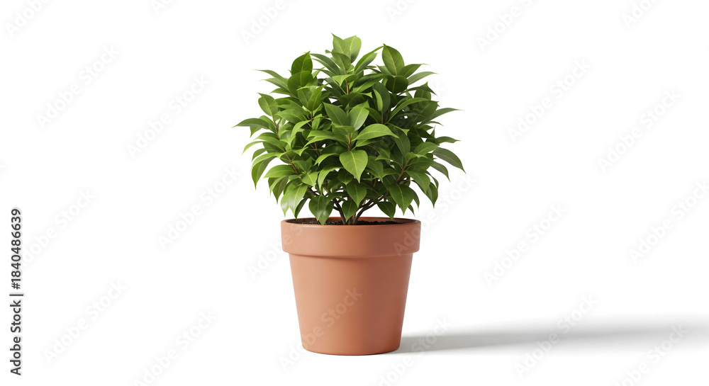 Fototapeta premium Green Delight: A vibrant houseplant, nestled in a terracotta pot, showcases its lush green foliage, radiating vitality and freshness.