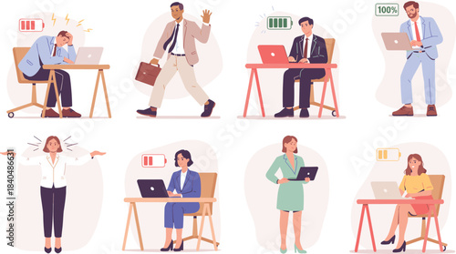Office worker energy levels with battery icons, burnout and productivity states, workplace emotion and engagement vector illustration set