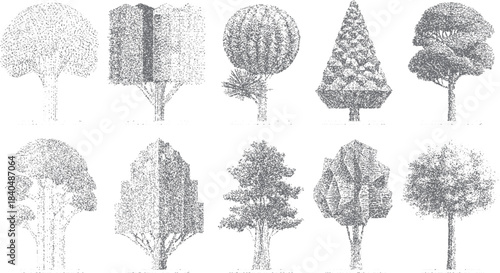 Ten different styles of trees rendered in a stippled grey ink drawing on a white background nature plant