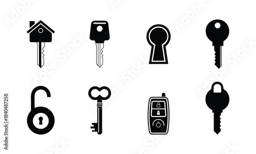 Various keys, keyholes, and locks icons representing security and access.