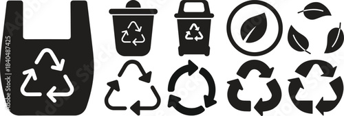 A collection of black and white icons and symbols representing recycling, sustainability, and environmental protection.