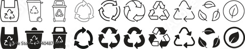A collection of black and white icons representing various recycling symbols, waste bins, and environmental concepts for sustainability efforts.