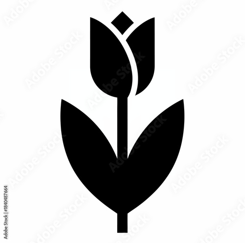 Simple black silhouette icon of a tulip flower with a stem and two leaves, representing nature's beauty.