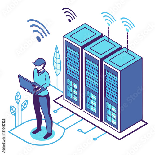 Man with laptop interacting with wireless servers and network connections