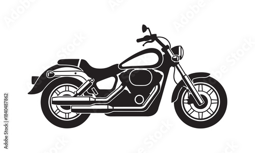 Black vector illustration of a classic cruiser motorcycle, isolated on white