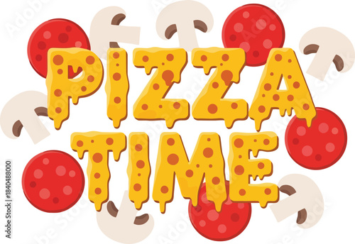 Delicious Pizza Time Vector Badge With Mushrooms And Olives