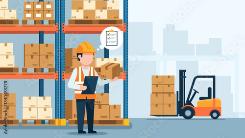 warehouse worker using digital tablet to manage inventory amidst stacked boxes