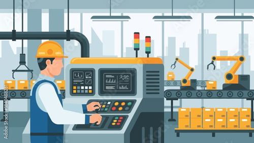 modern factory assembly line with robotic arms and a control operator