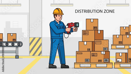 Worker Using a Handheld Barcode Scanner in a Warehouse Distribution Zone for