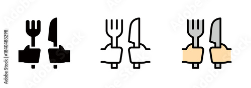 A hand holding a fork and knife. A logo-style icon representing menus, restaurants, and cuisine.
