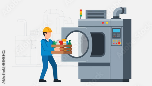 Industrial Laundry Worker Loading Garment Batches into Commercial Washing