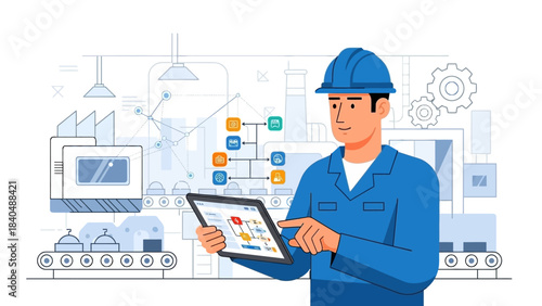 industrial engineer monitoring production process using digital tablet in