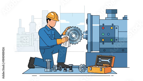 industrial worker maintaining machinery in a factory setting with tools and