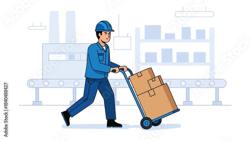 Worker in safety gear operating a hand truck with boxes in a manufacturing