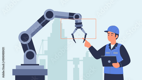 industrial robot arm in a factory setting with a technician monitoring process