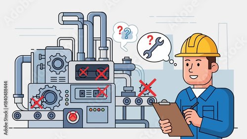 Illustration of a maintenance technician troubleshooting industrial machinery