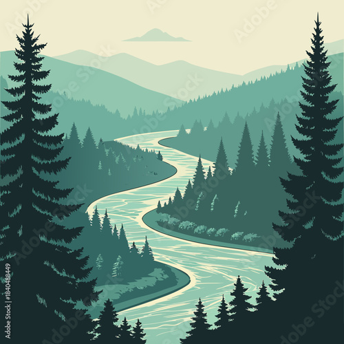 Serene winding river through a lush pine forest landscape