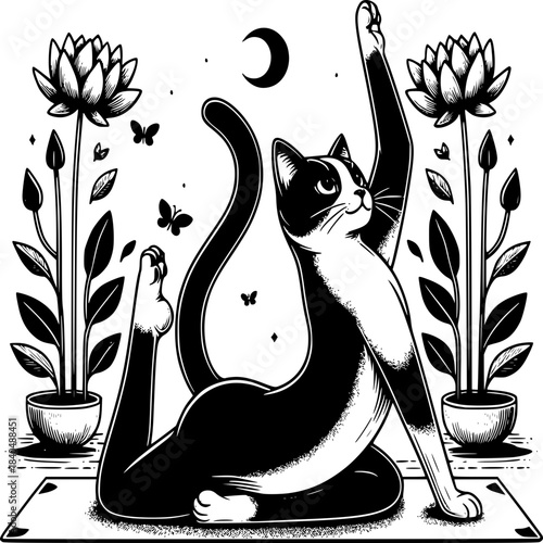 Zen Cat in Yoga Pose: A whimsical illustration of a serene cat embracing the art of yoga, surrounded by the tranquil symbolism of lotus flowers and the moon, capturing a unique harmony of mindfulness.